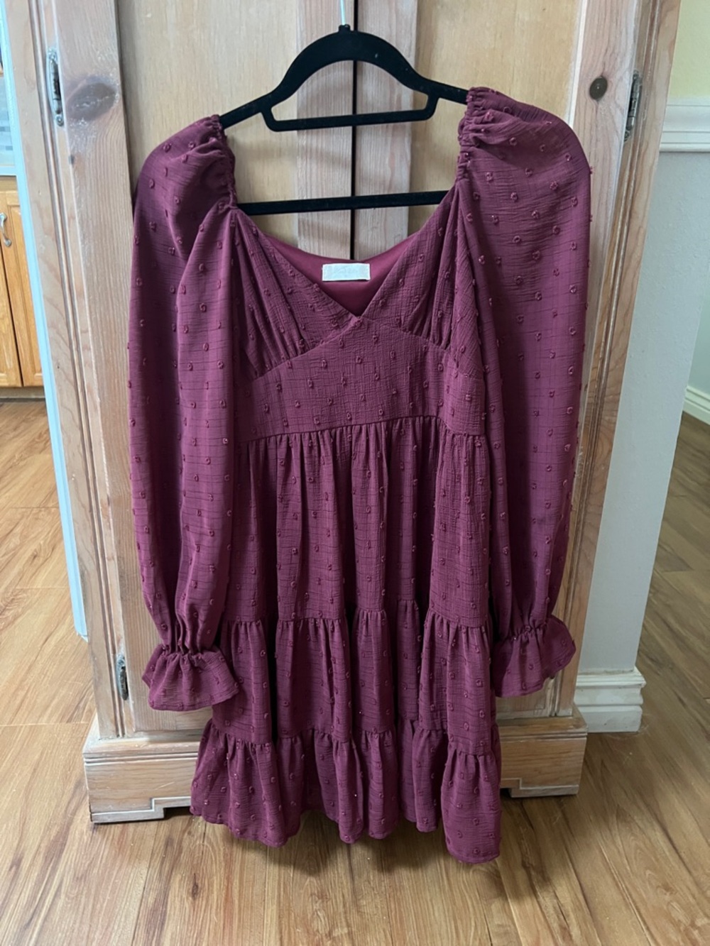 Altar'd State Burgundy Swiss Dot Tiered Puff-Sleeve Tunic